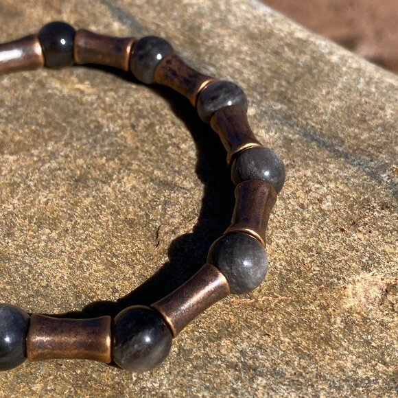 Wanderer and Gatherer Bracelet - Silver Obsidian and Bamboo brass bead SM-MED - Picture 1 of 5